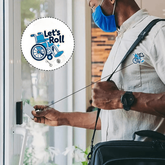Retractable acrylic nurse ID badge reel with a fun wheelchair design and secure clip for everyday work use.