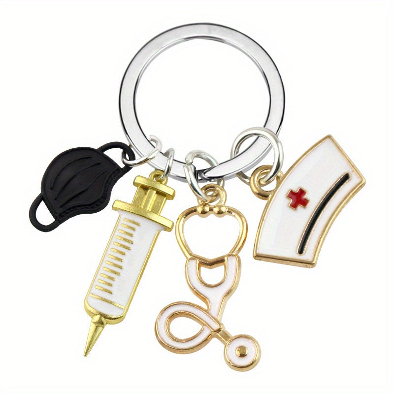A cute nurse‑themed stethoscope keyring featuring a medical mask and syringe charm, perfect for bags, purses, and everyday accessories.