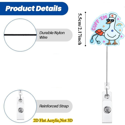A cute and durable Funny Goose Nurse Badge Reel with a retractable clip, perfect for RNs, LPNs, CNAs, MAs, nursing students, and doctors.