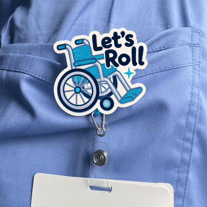 Retractable acrylic nurse ID badge reel with a fun wheelchair design and secure clip for everyday work use.