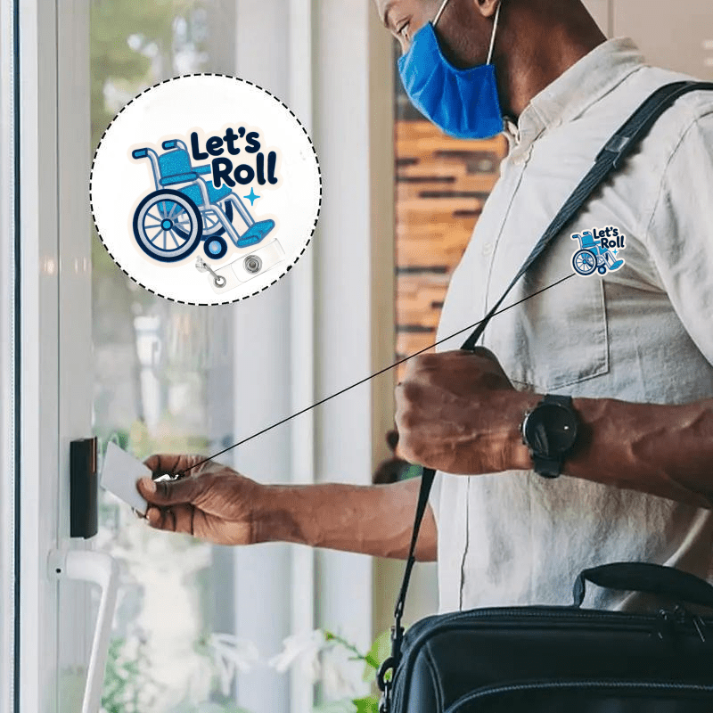 Retractable acrylic nurse ID badge reel with a fun wheelchair design and secure clip for everyday work use.