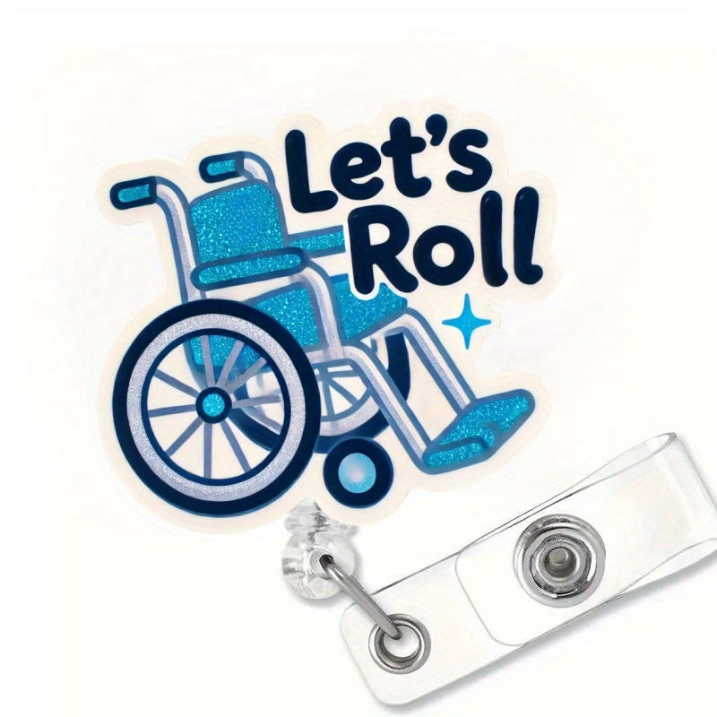Retractable acrylic nurse ID badge reel with a fun wheelchair design and secure clip for everyday work use.