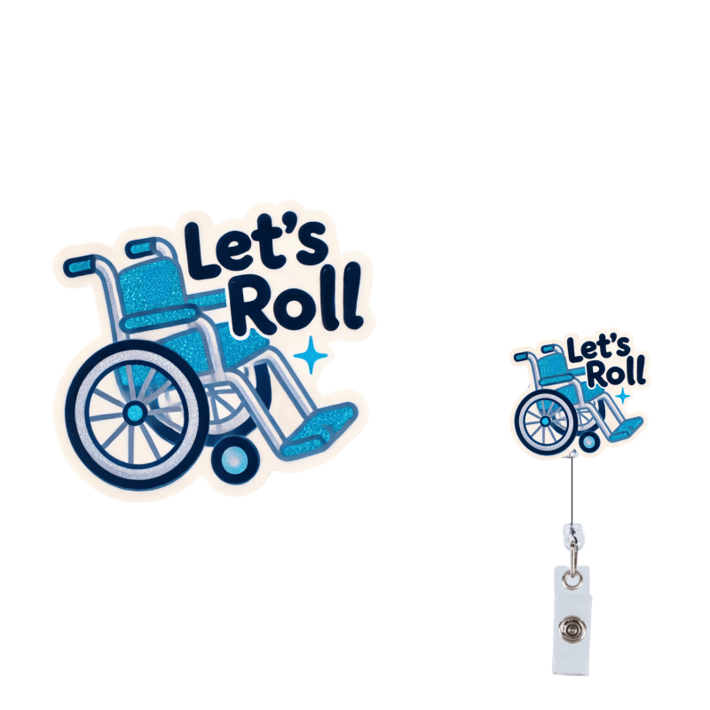 Retractable acrylic nurse ID badge reel with a fun wheelchair design and secure clip for everyday work use.