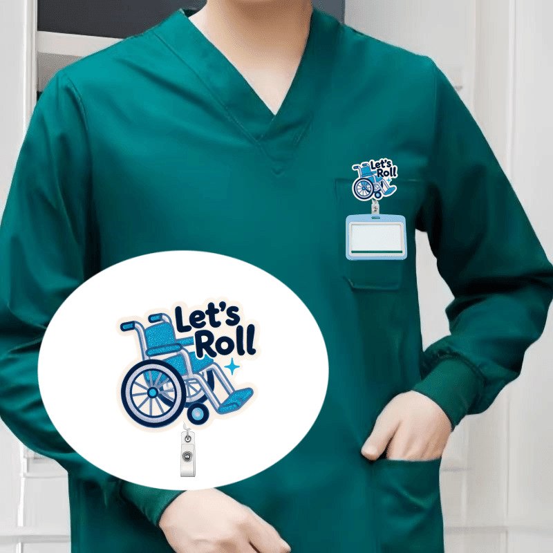 Retractable acrylic nurse ID badge reel with a fun wheelchair design and secure clip for everyday work use.
