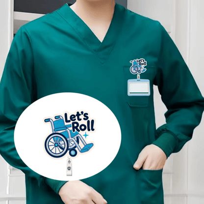 Retractable acrylic nurse ID badge reel with a fun wheelchair design and secure clip for everyday work use.