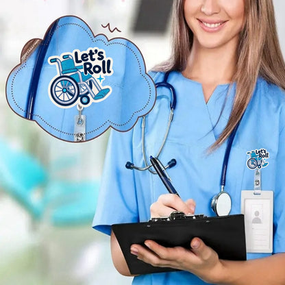 Retractable acrylic nurse ID badge reel with a fun wheelchair design and secure clip for everyday work use.