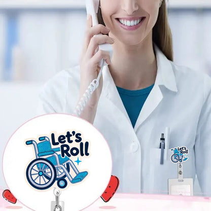 Retractable acrylic nurse ID badge reel with a fun wheelchair design and secure clip for everyday work use.