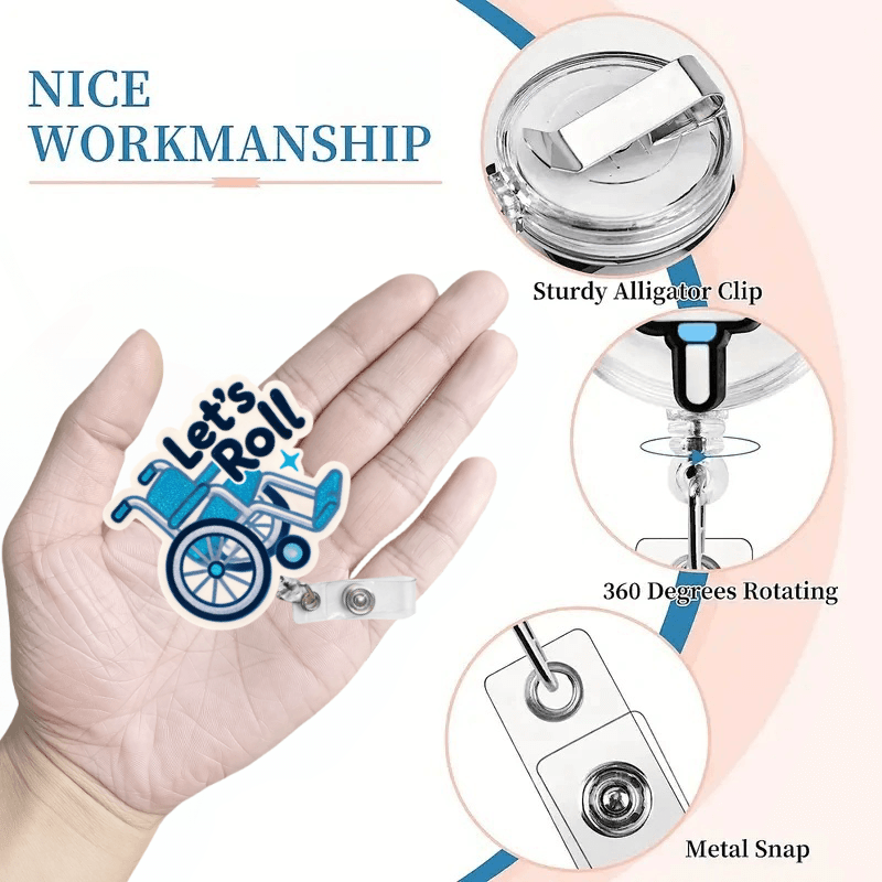 Retractable acrylic nurse ID badge reel with a fun wheelchair design and secure clip for everyday work use.