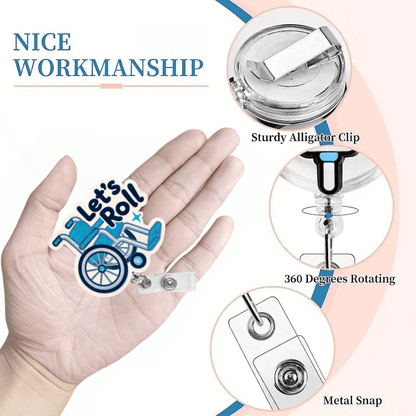 Retractable acrylic nurse ID badge reel with a fun wheelchair design and secure clip for everyday work use.