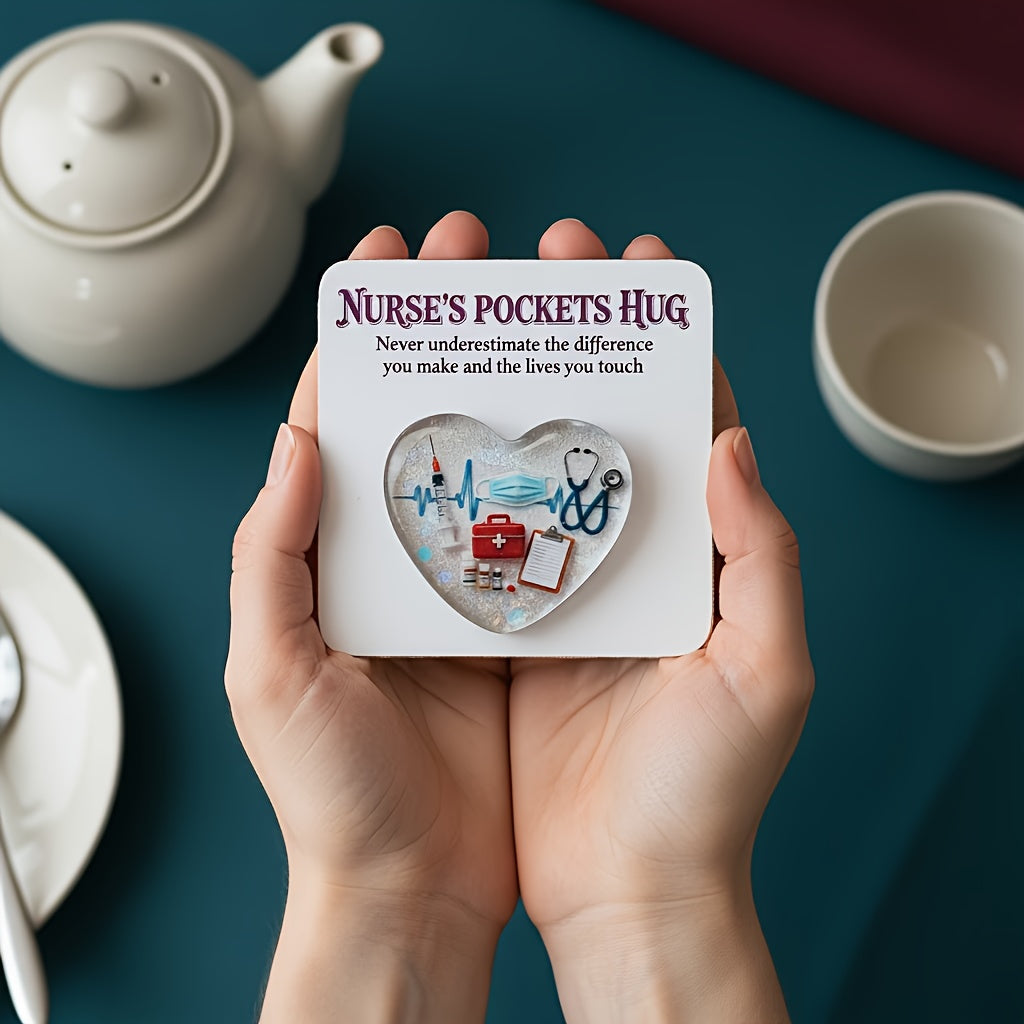 Nurse Pocket Hug Greeting Card featuring a heart‑shaped inspirational statue and hug token, perfect for room décor, holiday displays, or gifting to friends.