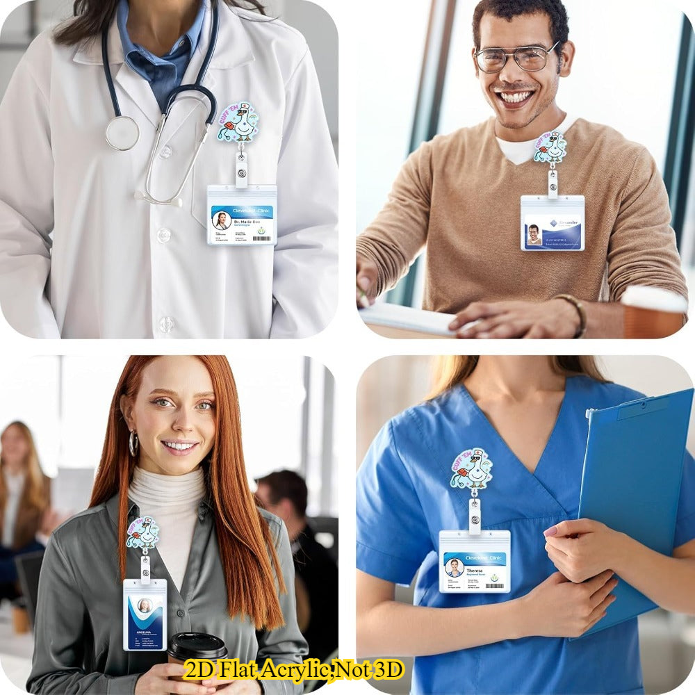 A cute and durable Funny Goose Nurse Badge Reel with a retractable clip, perfect for RNs, LPNs, CNAs, MAs, nursing students, and doctors.