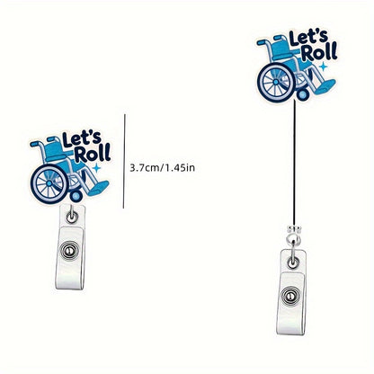 Retractable acrylic nurse ID badge reel with a fun wheelchair design and secure clip for everyday work use.