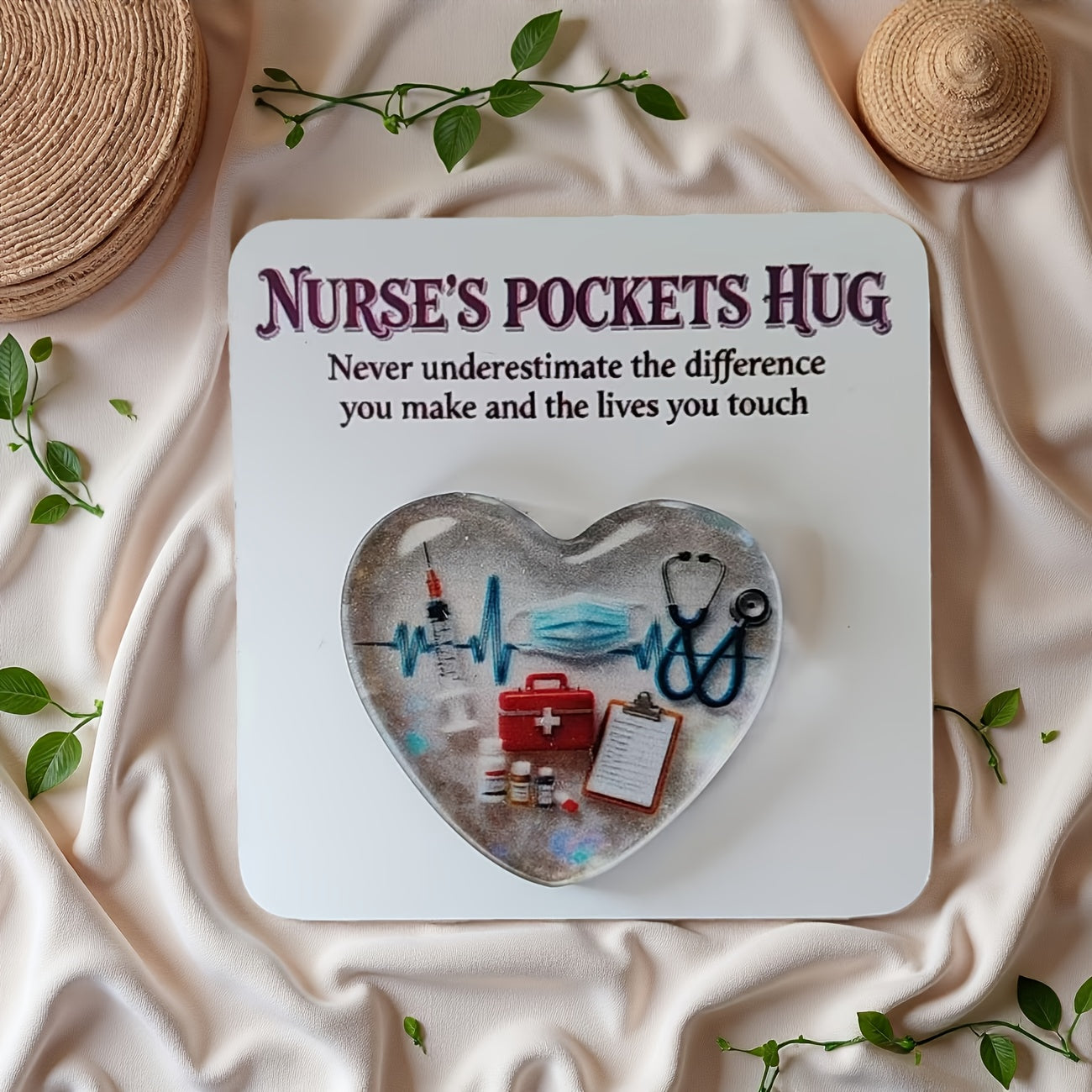 Nurse Pocket Hug Greeting Card featuring a heart‑shaped inspirational statue and hug token, perfect for room décor, holiday displays, or gifting to friends.