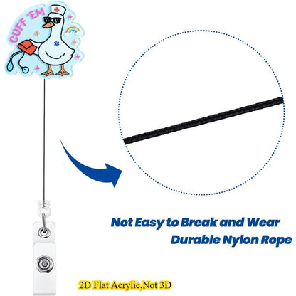 A cute and durable Funny Goose Nurse Badge Reel with a retractable clip, perfect for RNs, LPNs, CNAs, MAs, nursing students, and doctors.