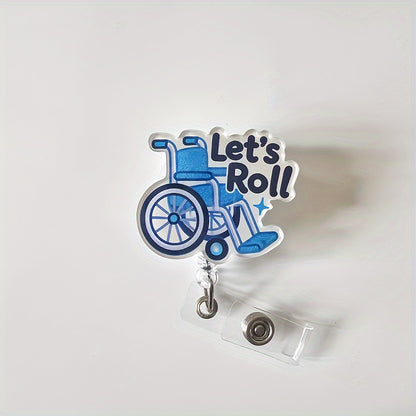 Retractable acrylic nurse ID badge reel with a fun wheelchair design and secure clip for everyday work use.