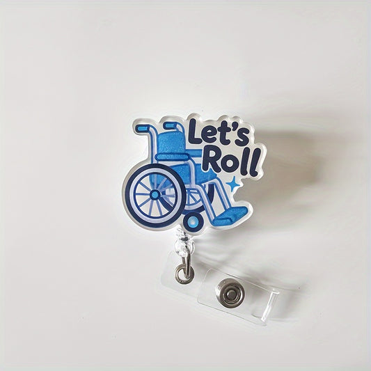 Retractable acrylic nurse ID badge reel with a fun wheelchair design and secure clip for everyday work use.