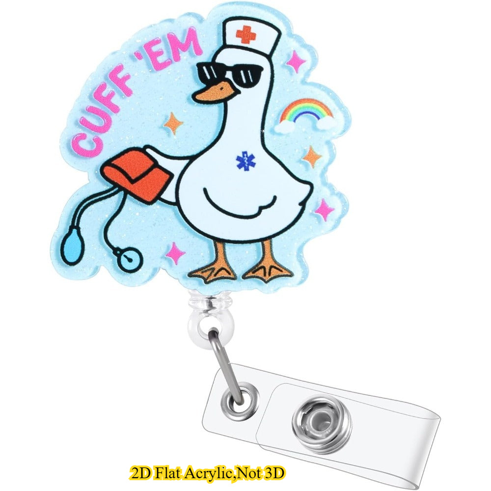 A cute and durable Funny Goose Nurse Badge Reel with a retractable clip, perfect for RNs, LPNs, CNAs, MAs, nursing students, and doctors.