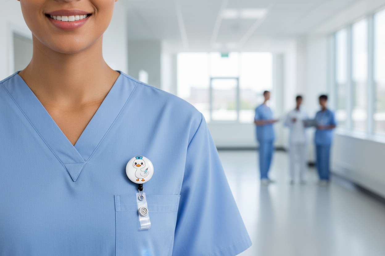 Healthcare worker in scrubs with goose badge reel